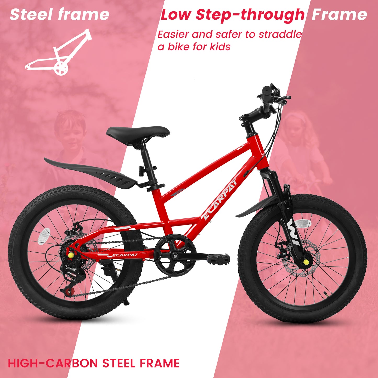 A20184 20 Inch Mountain Kids Bike For Boys & Girls, Ages 6-12, 7-Speed With Front Suspension