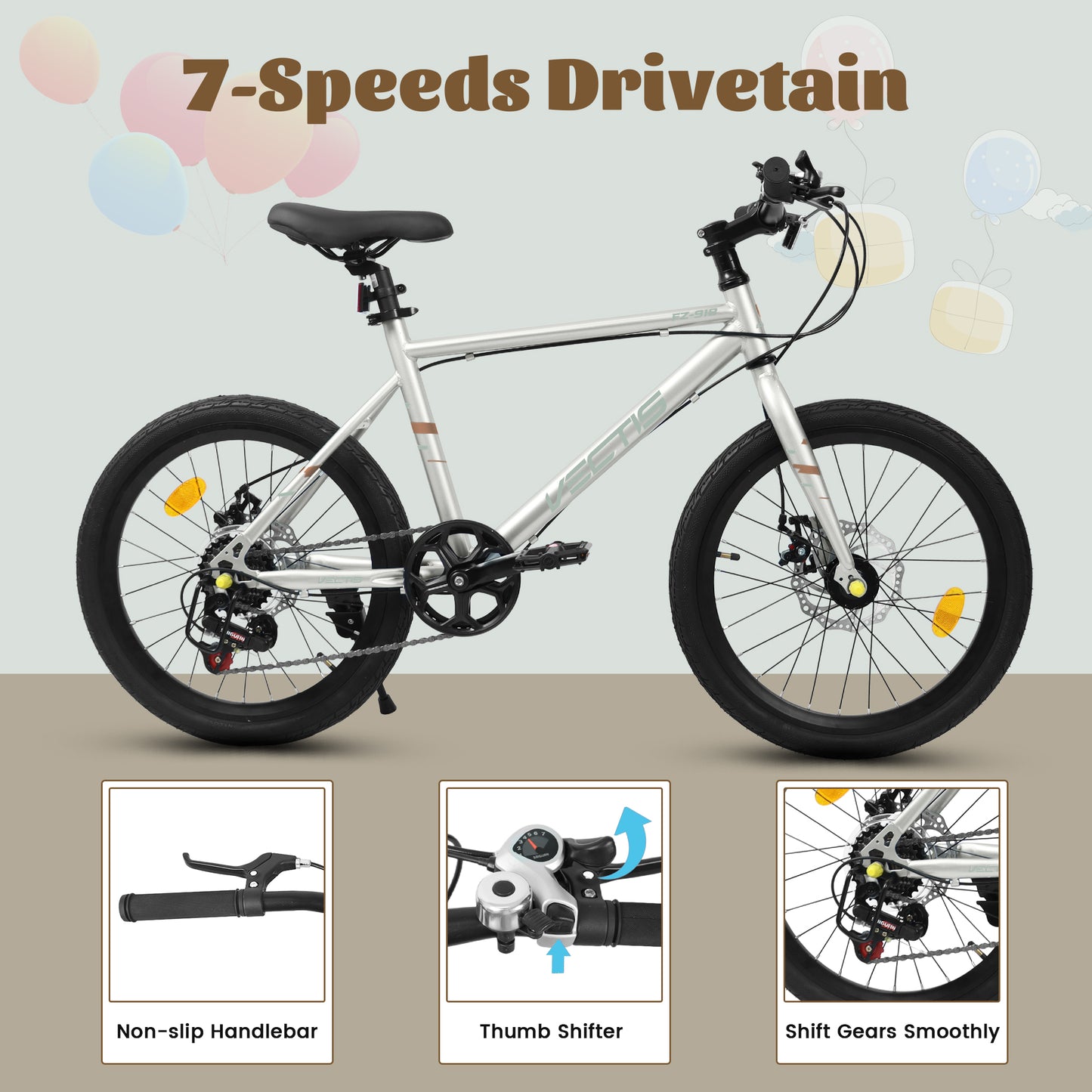A20183 Kids Bike For 6-12 Years Old, 20 Inch Children's Bicycle For Boys Girls, 7-Speed Steel Frame, , Dual Disc Brakes, 20x1.75 Inch Tires Road Bike, 4 Color Options