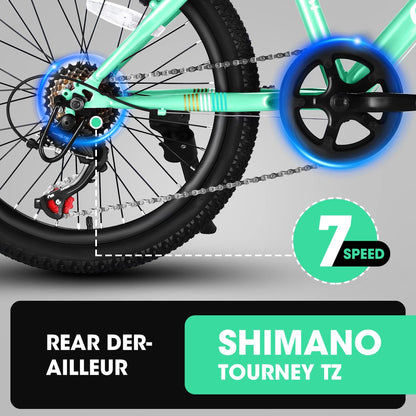 S20101 20 Inch Kids' Bike, Boys Girls Mountain Bike Ages 6-12, 7 Speed Teenager Children Kids' Bicycles, Front Suspension Disc Brake Rear V-Brake, High Steel Frame