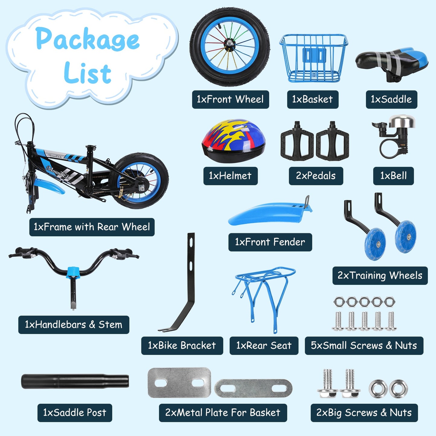 1Set 16In Kids Bike With Training Wheels Children Bicycle With Helmet Basket Rear Seat Chain Guard For Boys Aged 4 To 7 Years Old