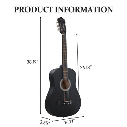 Matte Black 38-inch Round Acoustic Guitar With Picks, Strings, Capo, Case, Tuner, And Strap