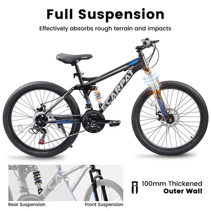 A2460 24 Inch Mountain Bike With Full Suspension, 21 Speed Grip Shifters, High Carbon Steel Frame, Mechanical Disc Brakes, Unisex For Men Women Adults, Ideal For Trails.