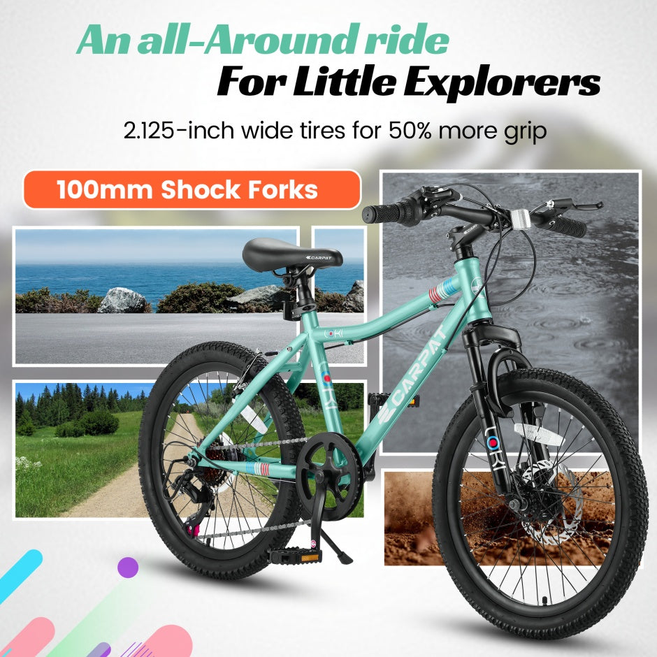 S20101 20 Inch Kids' Bike, Boys Girls Mountain Bike Ages 6-12, 7 Speed Teenager Children Kids' Bicycles, Front Suspension Disc Brake Rear V-Brake, High Steel Frame
