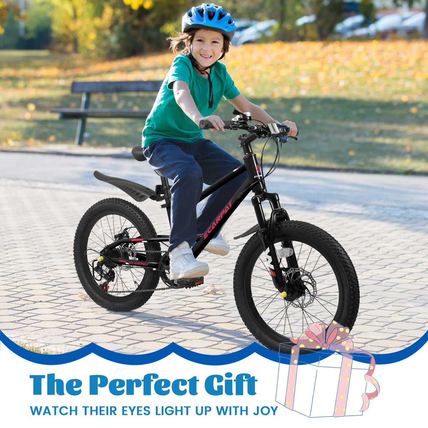 A20184 20 Inch Mountain Kids Bike For Boys & Girls, Ages 6-12, 7-Speed With Front Suspension