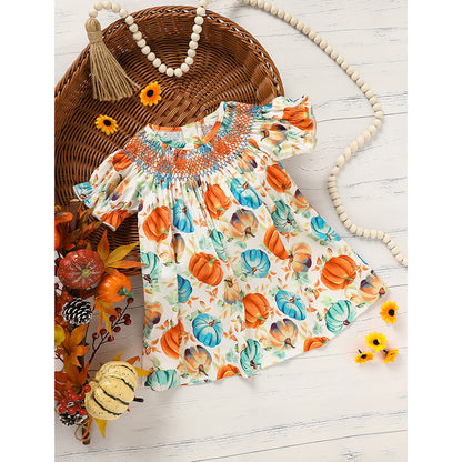 Toddler Baby Girl Pumpkin Smocked Dress Fall Thanksgiving Halloween Embroidered Princess Party Dresses Kids Fall Outfits Clothes