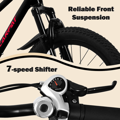 A20184 20 Inch Mountain Kids Bike For Boys & Girls, Ages 6-12, 7-Speed With Front Suspension