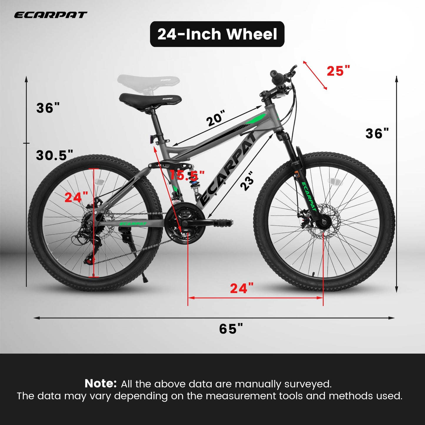 24 Inch Mountain Bike With Full Suspension, 21 Speed Grip Shifters, High Carbon Steel Frame, Mechanical Disc Brakes, Unisex For Men Women Adults, Ideal For Trails.