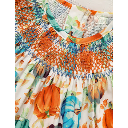 Toddler Baby Girl Pumpkin Smocked Dress Fall Thanksgiving Halloween Embroidered Princess Party Dresses Kids Fall Outfits Clothes