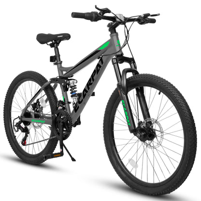 24 Inch Mountain Bike With Full Suspension, 21 Speed Grip Shifters, High Carbon Steel Frame, Mechanical Disc Brakes, Unisex For Men Women Adults, Ideal For Trails.