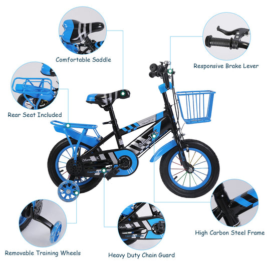 1Set 16In Kids Bike With Training Wheels Children Bicycle With Helmet Basket Rear Seat Chain Guard For Boys Aged 4 To 7 Years Old