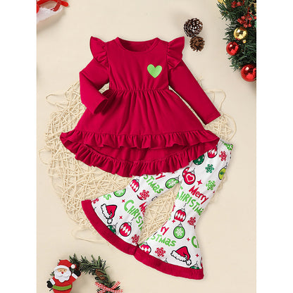 Toddler Baby Girls Christmas Clothes, Long Sleeve Heart Print Set