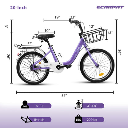 A20182 20 Inch Kids Bike For Boys & Girls, Children's Bicycle With Coaster Brake & V-Brake, 1-Speed, Chain Guard & Rear Rack, Lightweight Steel Frame Pink, Green, Purple, White