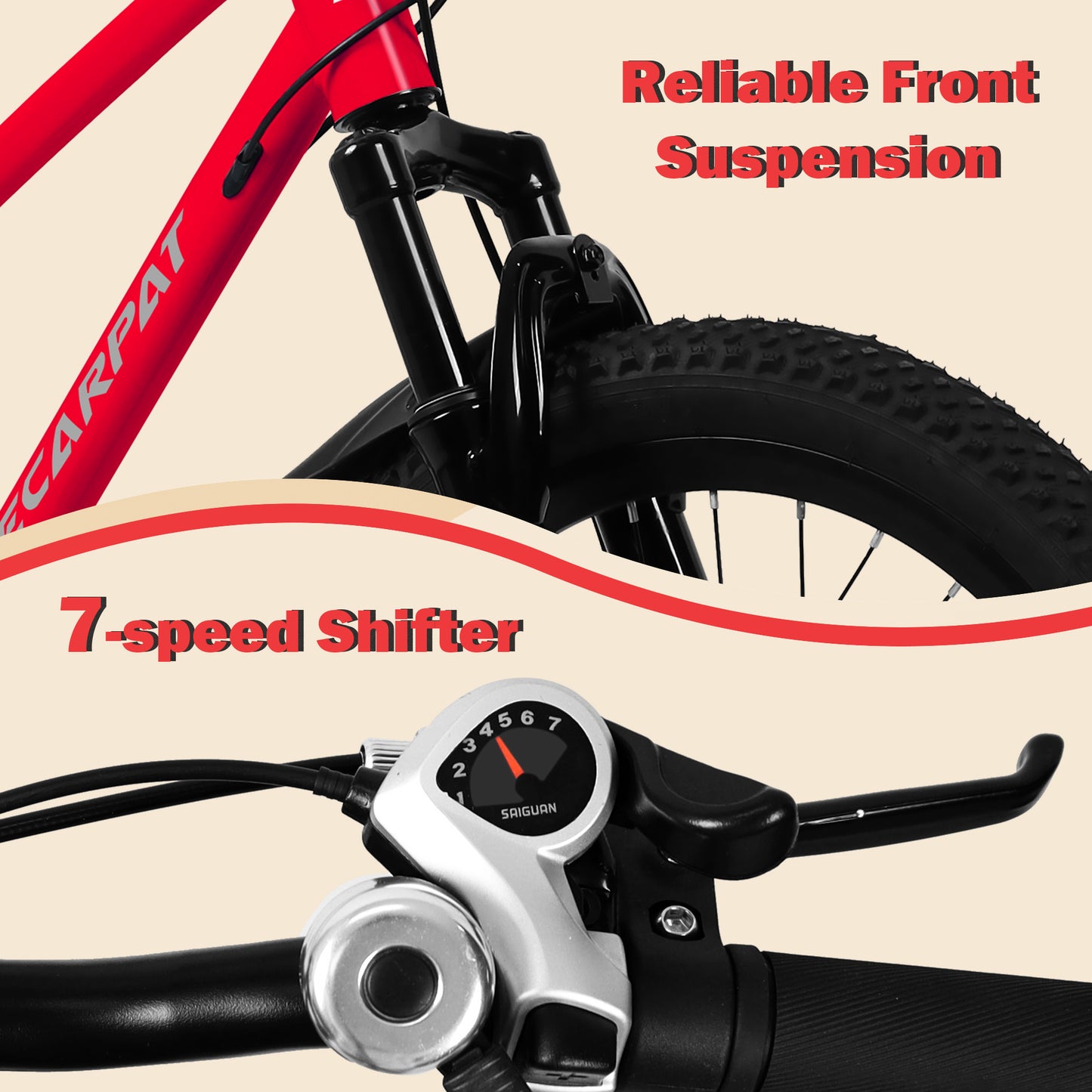 A20184 20 Inch Mountain Kids Bike For Boys & Girls, Ages 6-12, 7-Speed With Front Suspension