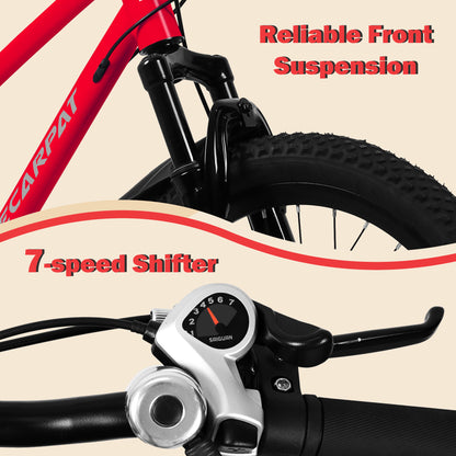 A20184 20 Inch Mountain Kids Bike For Boys & Girls, Ages 6-12, 7-Speed With Front Suspension