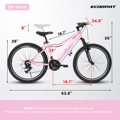 A24208D Mountain Bike 24 26 Inch, High-Density Carbon Steel Frame, 21 Speed, Front Suspension, Dual V-Brakes, Pre-Assembled For Men Women Teens