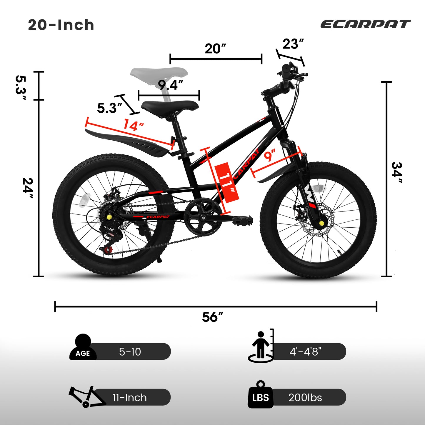 A20184 20 Inch Mountain Kids Bike For Boys & Girls, Ages 6-12, 7-Speed With Front Suspension