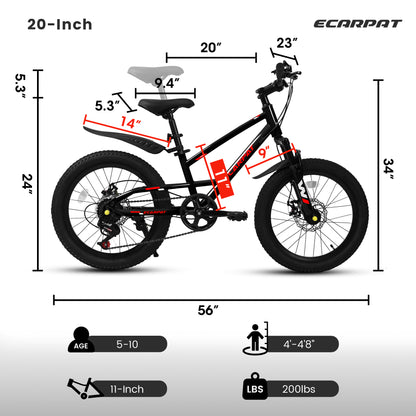 A20184 20 Inch Mountain Kids Bike For Boys & Girls, Ages 6-12, 7-Speed With Front Suspension