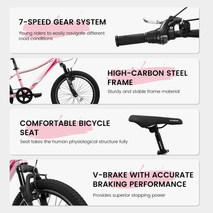 A20261 20 Inch Children's Bicycle, Shock Absorbing Front Fork, 7 - Speed, V - Brakes, Mountain Tire, Boys And Girls Kids Bike For Outdoor Adventure