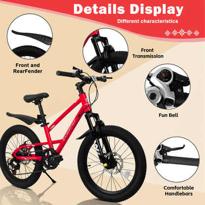A20184 20 Inch Mountain Kids Bike For Boys & Girls, Ages 6-12, 7-Speed With Front Suspension