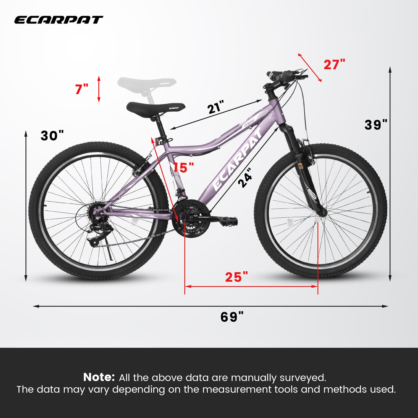 A26208 Ecarpat 26 Inch Mountain Bike, 21-Speed V-Brake, Front Suspension, Carbon Steel Frame Mountain Bike For Teenagers Girls Women Bicycles