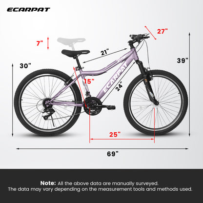 A26208 Ecarpat 26 Inch Mountain Bike, 21-Speed V-Brake, Front Suspension, Carbon Steel Frame Mountain Bike For Teenagers Girls Women Bicycles