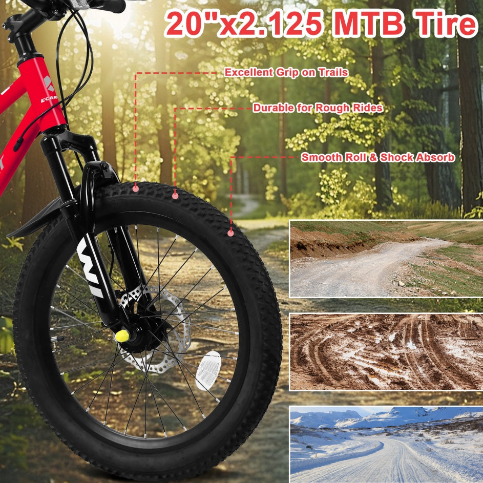 A20184 20 Inch Mountain Kids Bike For Boys & Girls, Ages 6-12, 7-Speed With Front Suspension