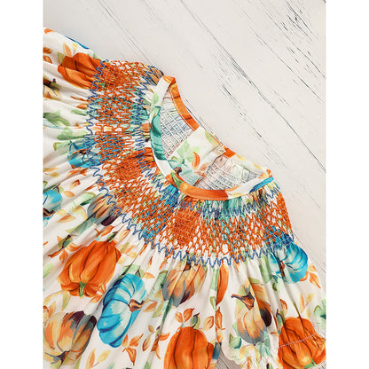 Toddler Baby Girl Pumpkin Smocked Dress Fall Thanksgiving Halloween Embroidered Princess Party Dresses Kids Fall Outfits Clothes