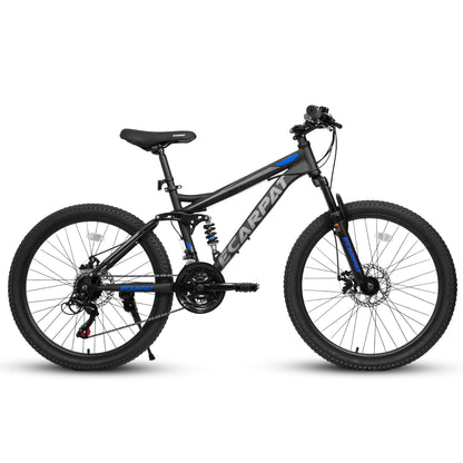 24 Inch Mountain Bike With Full Suspension, 21 Speed Shifter Lever With Gear Indicator, High Carbon Steel Frame, Mechanical Disc Brakes, Unisex For Men Women Adults, Ideal For Trails.