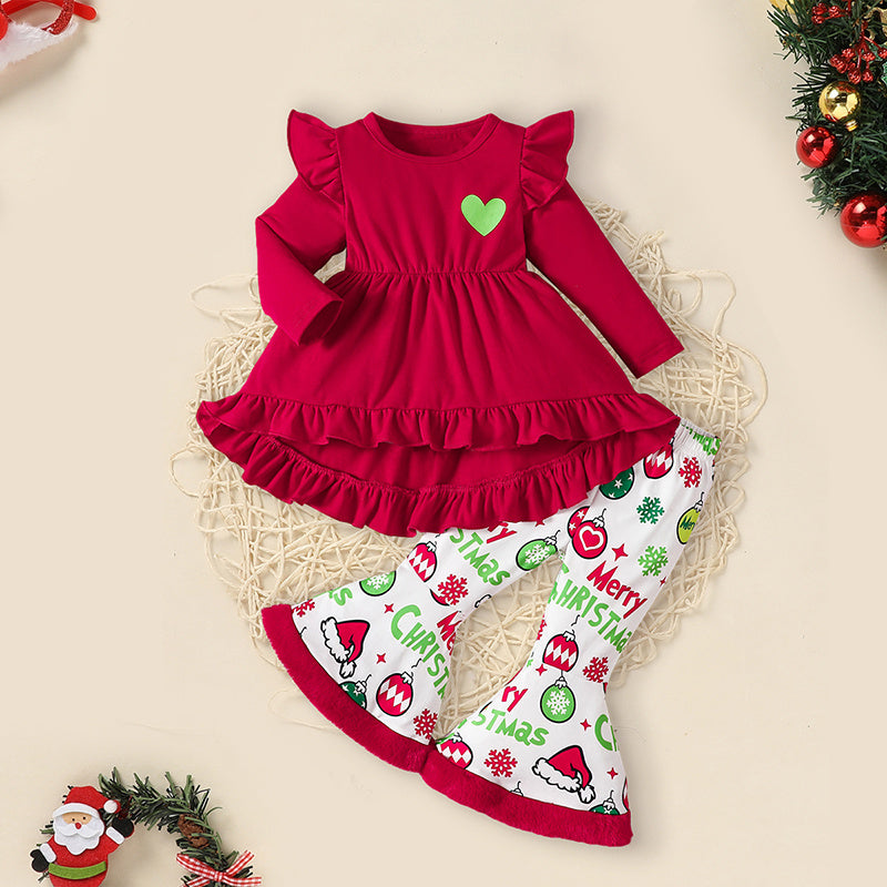 Toddler Baby Girls Christmas Clothes, Long Sleeve Heart Print Set