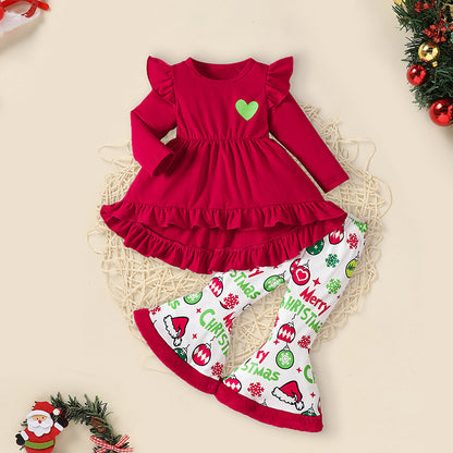 Toddler Baby Girls Christmas Clothes, Long Sleeve Heart Print Set