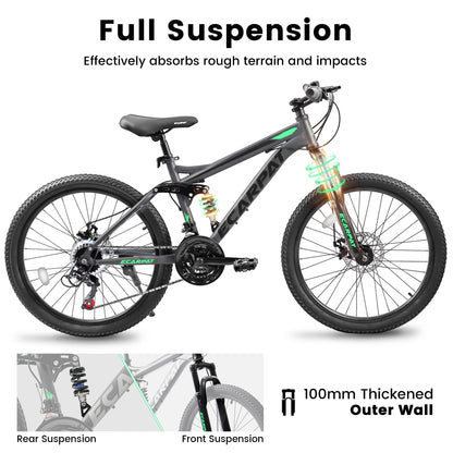 24 Inch Mountain Bike With Full Suspension, 21 Speed Grip Shifters, High Carbon Steel Frame, Mechanical Disc Brakes, Unisex For Men Women Adults, Ideal For Trails.