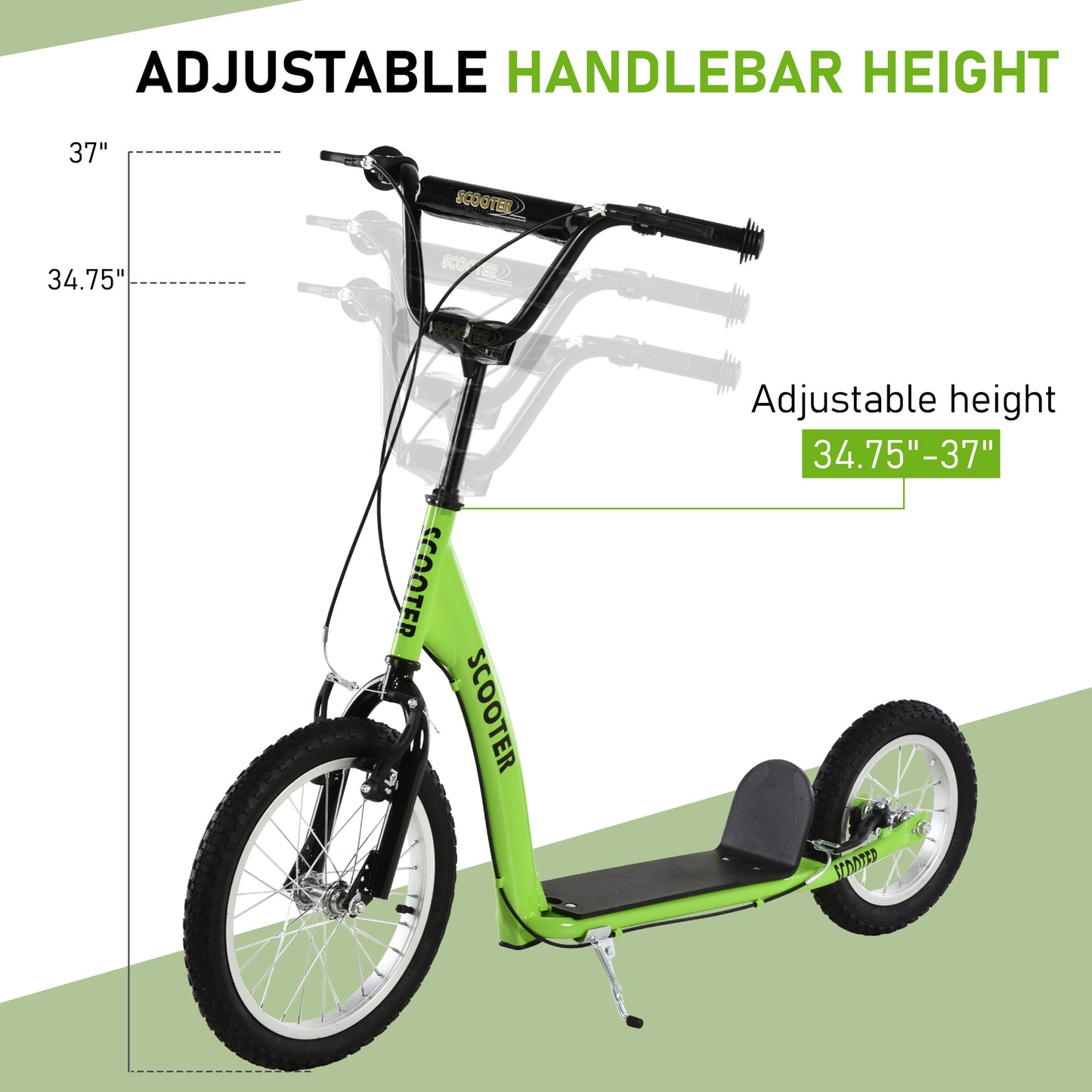 Youth Scooter With Adjustable Handlebar, Front And Rear Dual Brakes & Inflatable Wheels, For Kids 5 Green