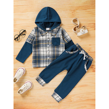 Toddler Baby Boy Clothes Plaid Long Sleeve Hoodie Sweatshirt & Pants 2pcs Boys Outfit Set
