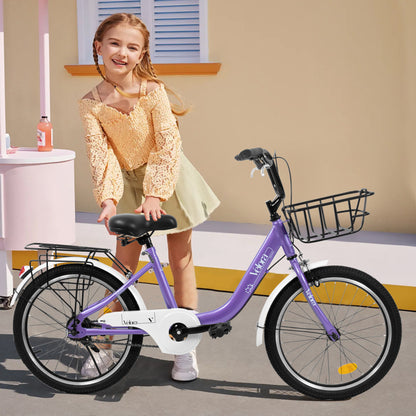 A20182 20 Inch Kids Bike For Boys & Girls, Children's Bicycle With Coaster Brake & V-Brake, 1-Speed, Chain Guard & Rear Rack, Lightweight Steel Frame Pink, Green, Purple, White