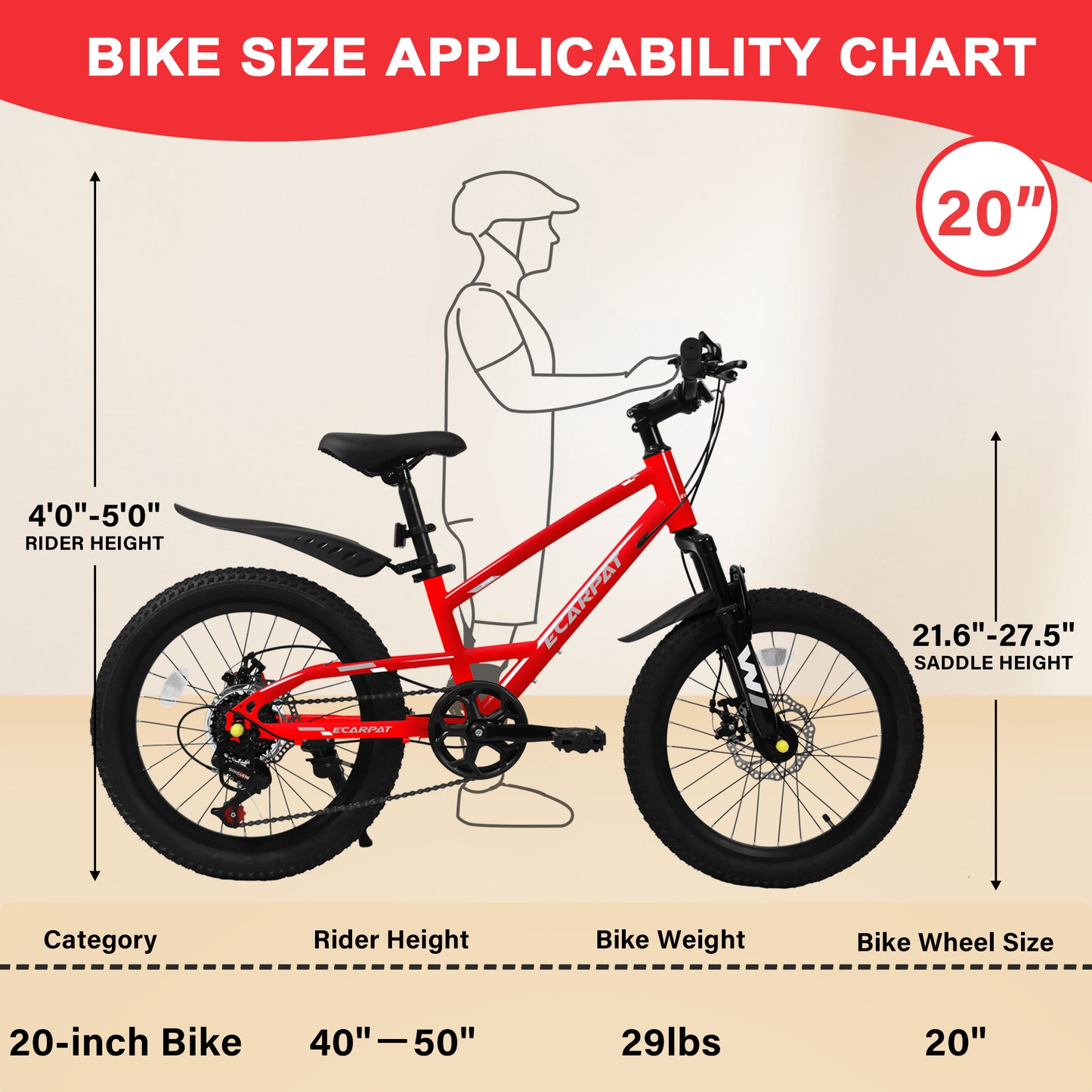 A20184 20 Inch Mountain Kids Bike For Boys & Girls, Ages 6-12, 7-Speed With Front Suspension
