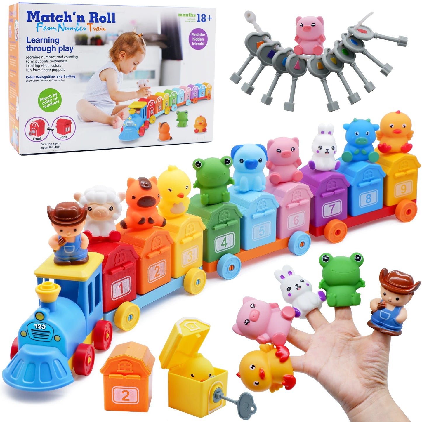Montessori Farm Train Set for Toddlers Learning Counting, Matching & Sorting Fine Motor Skills,Preschool