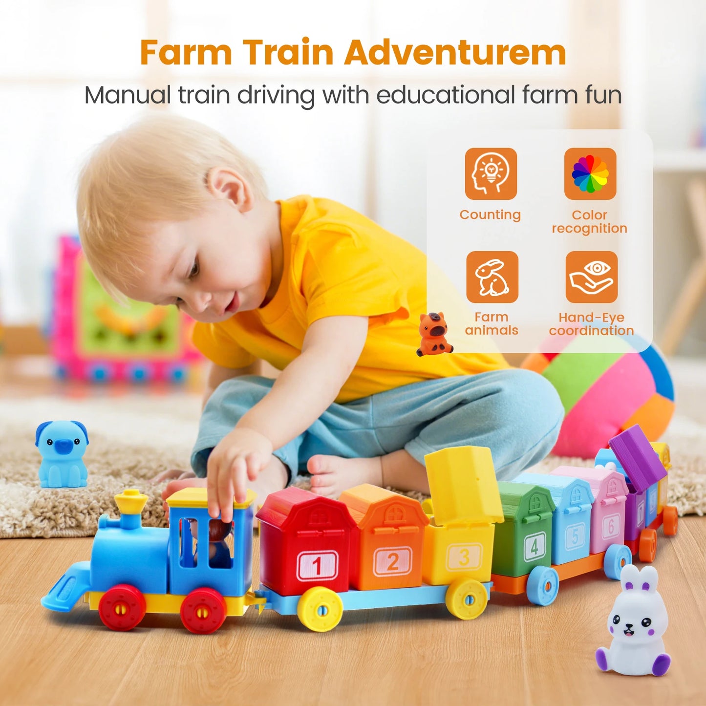 Montessori Farm Train Set for Toddlers Learning Counting, Matching & Sorting Fine Motor Skills,Preschool