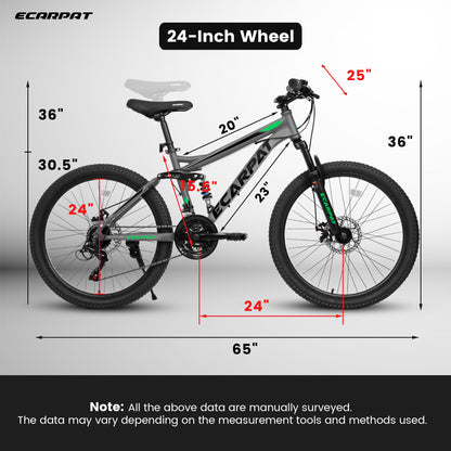 A2460 24 Inch Mountain Bike With Full Suspension, 21 Speed Shifter Lever With Gear Indicator, High Carbon Steel Frame, Mechanical Disc Brakes, Unisex For Men Women Adults, Ideal For Trails.