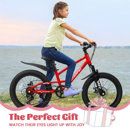 A20184 20 Inch Mountain Kids Bike For Boys & Girls, Ages 6-12, 7-Speed With Front Suspension
