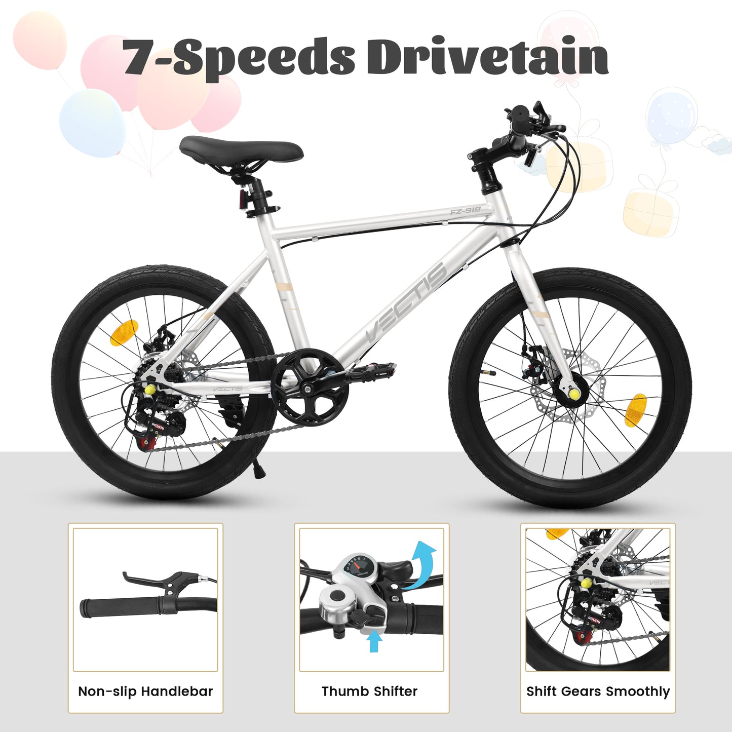 A20183 Kids Bike For 6-12 Years Old, 20 Inch Children's Bicycle For Boys Girls, 7-Speed Steel Frame, , Dual Disc Brakes, 20x1.75 Inch Tires Road Bike, 4 Color Options