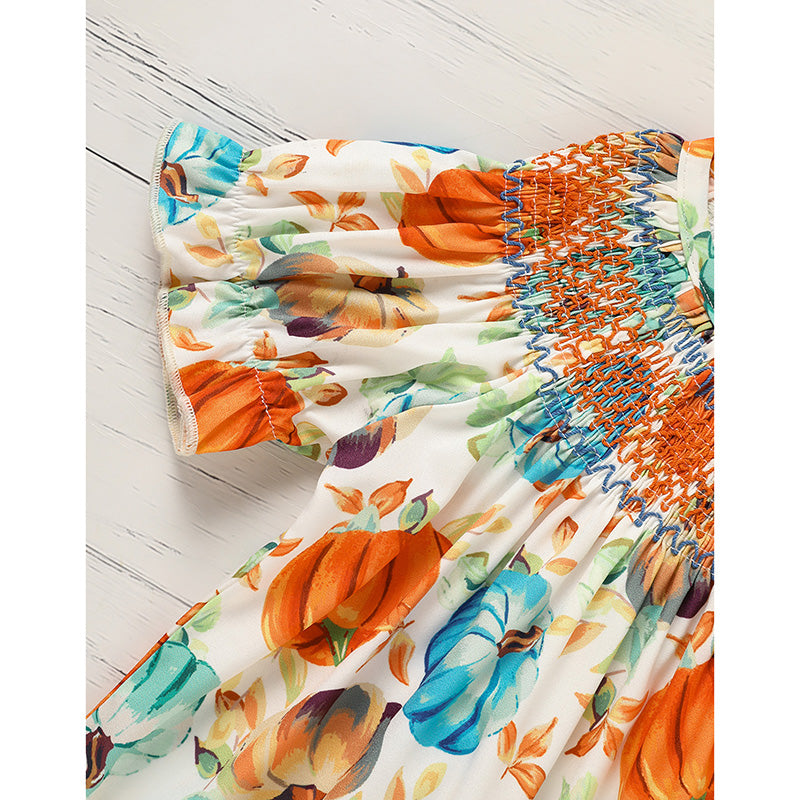 Toddler Baby Girl Pumpkin Smocked Dress Fall Thanksgiving Halloween Embroidered Princess Party Dresses Kids Fall Outfits Clothes