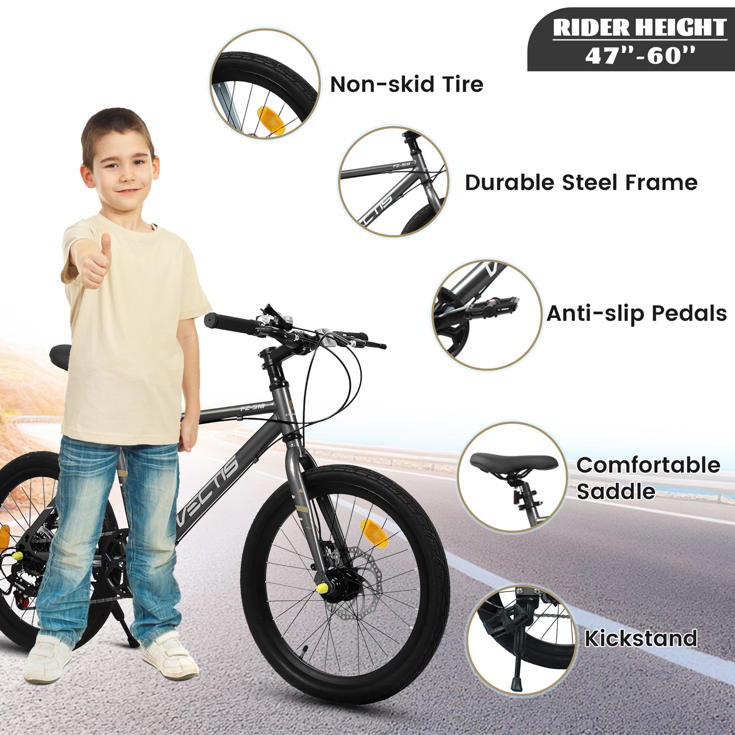 A20183 Kids Bike For 6-12 Years Old, 20 Inch Children's Bicycle For Boys Girls, 7-Speed Steel Frame, , Dual Disc Brakes, 20x1.75 Inch Tires Road Bike, 4 Color Options