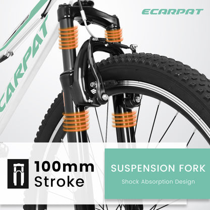 A26208 Ecarpat 26 Inch Mountain Bike, 21-Speed V-Brake, Front Suspension, Carbon Steel Frame Mountain Bike For Teenagers Girls Women Bicycles