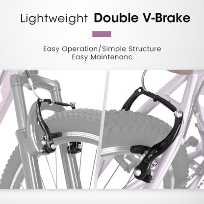 A26208 Ecarpat 26 Inch Mountain Bike, 21-Speed V-Brake, Front Suspension, Carbon Steel Frame Mountain Bike For Teenagers Girls Women Bicycles