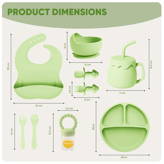 SiIicone Baby Feeding Set With Suction, 10 Pcs Baby Led Weaning Supplies With Suction Bowl Divided Plate Adjustable Soft Bib Spoon Fork Snack Cup With Lid And Other Utensils, Green