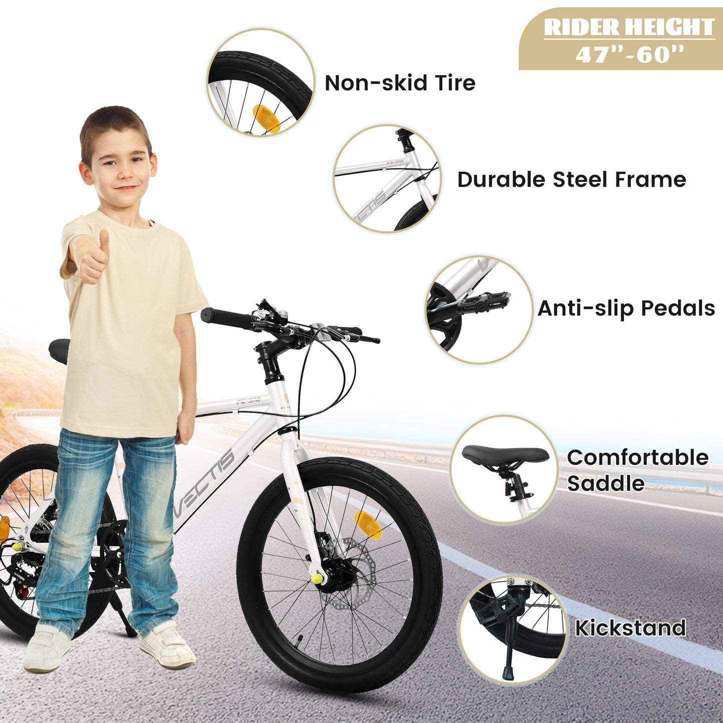 A20183 Kids Bike For 6-12 Years Old, 20 Inch Children's Bicycle For Boys Girls, 7-Speed Steel Frame, , Dual Disc Brakes, 20x1.75 Inch Tires Road Bike, 4 Color Options
