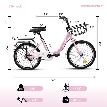 A20182 20 Inch Kids Bike For Boys & Girls, Children's Bicycle With Coaster Brake & V-Brake, 1-Speed, Chain Guard & Rear Rack, Lightweight Steel Frame Pink, Green, Purple, White