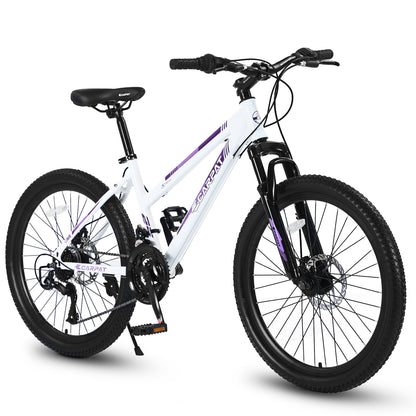 S24103  24 Inch Mountain Bike For Teenagers Girls Women, Shimano 21 Speeds With Dual Disc Brakes And 100mm Front Suspension, White-Pink