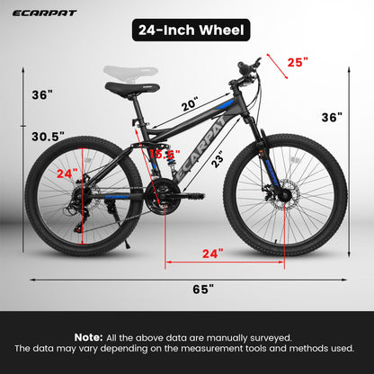 A2460 24 Inch Mountain Bike With Full Suspension, 21 Speed Grip Shifters, High Carbon Steel Frame, Mechanical Disc Brakes, Unisex For Men Women Adults, Ideal For Trails.