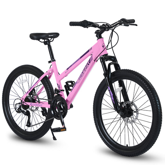 S24103  24 Inch Mountain Bike For Teenagers Girls Women, Shimano 21 Speeds With Dual Disc Brakes And 100mm Front Suspension, White-Pink